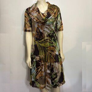 Karen Kane L Brown Green Tropical Sheer Chiffon Nylon Sheath Dress Cowl Neck
